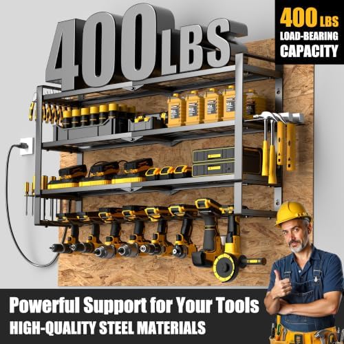 MOOMSINE Large Power Tool Organizer Wall Mount with Charging Station for Garage, 400lbs Metal Storage Rack with 8 Cordless Drill Holder, 4 Tier Heavy Duty Battery Tool Shelf with 5 Outlet Power Strip - Image 5