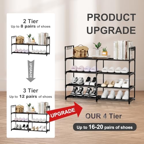 2 Rows 4 Tier Shoe Rack, Black Metal Stackable Shoe Shelf with Multifunctional Hooks, Hold 16-20 Pairs, Space Saving Shoe Organizer for Closet, Bedroom - Image 6