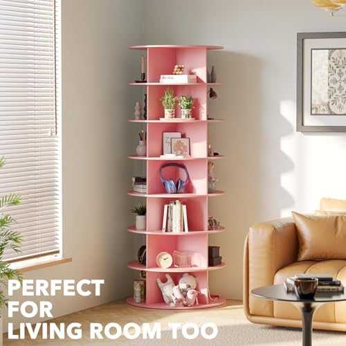 SpaceAid 7 Tier Rotating Shoe Rack Tower, Spinning Shoe Display Lazy Susan, Revolving 360 Shoe Rack Storage Round Carousel, Vertical Handbag Rotate Shoes Closet Organization (7-Tier Pink) - Image 6