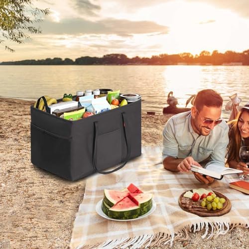 LHZK Standing Utility Tote Bag with Metal Wire Frame and the Sides Rinforced, Large Tote Bag with Handle, Reusable Grocery Bags Foldable, Beach Bag, Car Tote (Black, 18.5''x11.8''x11.5'') - Image 6