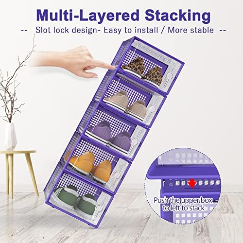 Kuject Large Shoe Organizers Storage Boxes for Closet, 12 Pack Clear Plastic Stackable Storage Bins with Lids, Under Bed Shoe Containers for Entryway, Drop Front, Fit up to Women's Size 10,Purple - Image 2