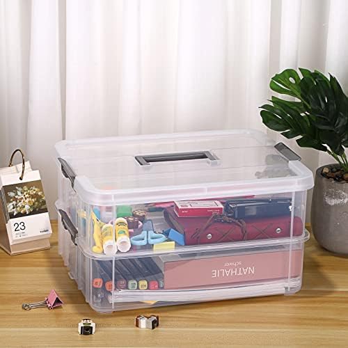 BTSKY 2 Layer Stack & Carry Box, Plastic Multipurpose Portable Storage Container Box Handled Organizer Storage Box for Organizing Stationery, Sewing, Art Craft, Jewelry and Beauty Supplies Dark Grey - Image 5