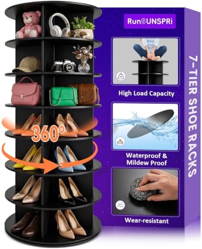 RUNSUNSPRI 7 Tier Rotating Shoe Rack 360°Rotating Shoe Rack Tower Black by RUNSUNSPRI