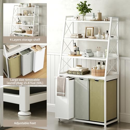 Herture Laundry Basket, 3 Section Laundry Hamper with 4 Tiers Shelf, Pull-Out and Removable Laundry Bags, Large 3 x 15.87 Gallons, 3 Color Bags for Laundry Room Bathroom White PF05XLE - Image 4