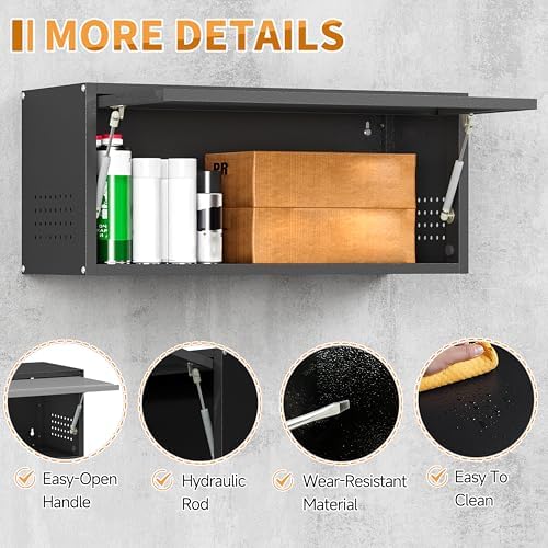 Metal Garage Wall Cabinet with Up-Flip Door,Wall-Mounted Steel Storage Cabinet, Float Tool Cabinet with Pegboard,Upper Cabinet for Kitchen,Garage,Workshop,Warehouse(13.8" H,Black) - Image 5