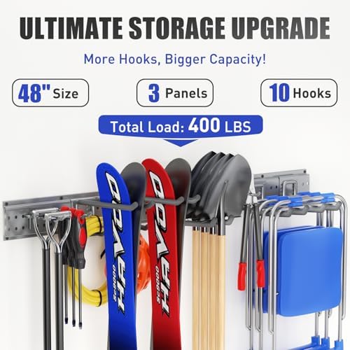 Garage Tool Organizer Wall Mount 49.5 inches with 10 Adjustable Heavy-Duty Hooks, Garage Organization, Garden Tool Storage Rack, Yard, and Shed, Holds Up to 400 lbs (Grey) - Image 2