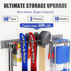 Garage Tool Organizer Wall Mount 49.5 inches with 10 Adjustable Heavy-Duty Hooks, Garage Organization, Garden Tool Storage Rack, Yard, and Shed, Holds Up to 400 lbs (Grey) - Image 2