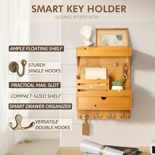 Rebee Vision Key Holder Wall Mount with Drawer for Home Decor, Light Brown - Image 5