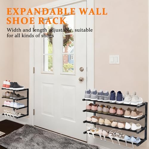 Wall Mounted Shoe Rack, 4 Tier Hanging Shoe Rack Holds 16 Pairs, 17"-30" Adjustable Heavy Duty Wall Shoe Shelf with 2 Storage Hooks, Space Saving for Closet Entryway, Black - Image 3