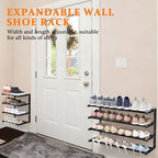 Wall Mounted Shoe Rack, 4 Tier Hanging Shoe Rack Holds 16 Pairs, 17"-30" Adjustable Heavy Duty Wall Shoe Shelf with 2 Storage Hooks, Space Saving for Closet Entryway, Black - Image 3