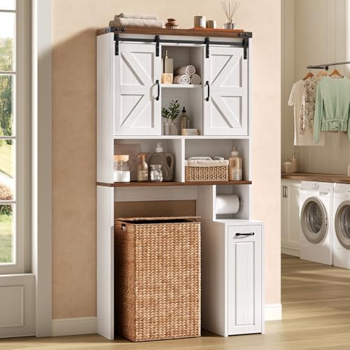 Farmhouse Over The Toilet Storage Cabinet with Pulley, Slide Barn Doors Bathroom Storage Cabinet, Space Saver W/Adjustable Shelf & Open Shelf for Bathroom, Restroom, Laundry (White Brown-Type A) - Image 3
