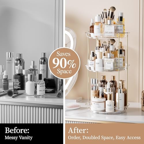 Delamu 3 Tier Rotating Makeup Organizer for Vanity, Bathroom Counter Organizer with Stackable Design, Spinning Skincare Organizer for Bathroom Countertop, Perfume Cosmetic Storage, Clear - Image 3