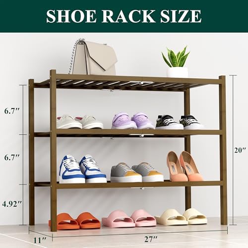 Smiry Bamboo Shoe Rack, 14 Vertical Slats, 3 Tier - 26.8" Wide, Walnut - Image 2