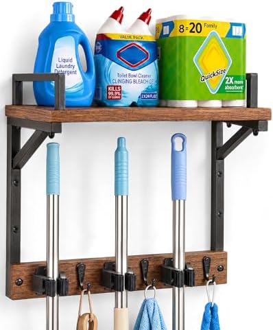 Lorbro Broom Holder Wall Mount with Cleaning Supplies Storage, Heavy Duty by Lorbro