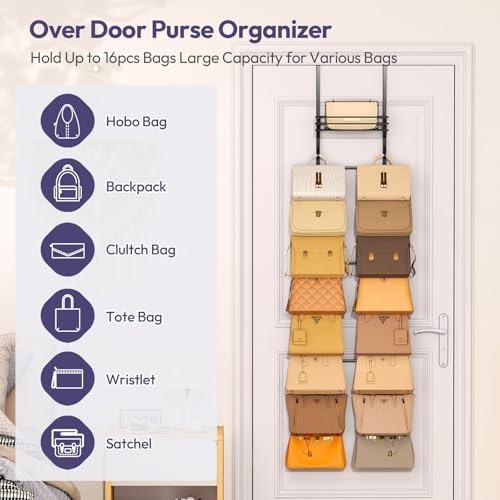 SWTYMIKI Over the Door Purse Organizer - Wall Mounted Handbag Organizer with 16 Hooks and Metal Basket, Hanging Purse Storage Rack Holds up to 16 Bags, Bag Rack Can Use As 1/2 Part, for Door, Closet - Image 3