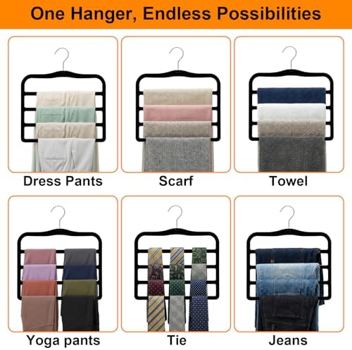 4 Tier Velvet Pant Hangers, 2 Pack Non Slip Multi Layer Closet Organizers | Space Saving Black Storage Hangers For Jeans, Leggings, Scarves,Skirts, Ideal For Dorm Rooms, Apartments, RVs Or Small Closet - Image 5
