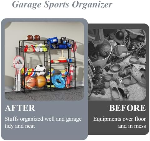 Garage Sports Equipment Organizer with Wheels - Ball Storage Rack with Elastic Rope or Wire Mesh,Garage Organizer System,Indoor/Outdoor Sports Rack for Sports Gear and Toys Storage,Black - Image 5