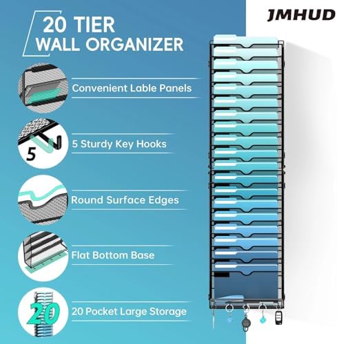 20-Tier Wall File Organizer and Mail Organizer with 5 Hooks, Black - Image 2