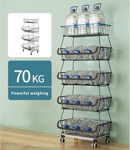CarolynDesign Kitchen Storage Baskets Black Iron Wire Storage Bins with Wheels and Feet, Stackable Vegetable Storage Baskets (6-Tier Baskets) - Image 6