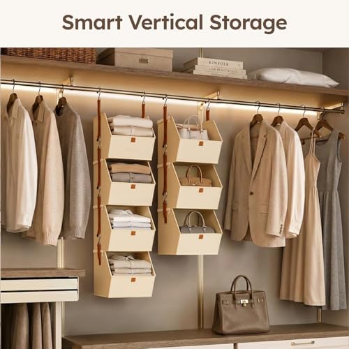 Homsorout Collapsible Hanging Closet Organizer - 6 Tier Closet Shelves Storage System with Hooks, Fabric Hanging Storage Bins for Clothes, Foldable Storage Basket for Laundry, Bedroom, Rv, Beige - Image 4