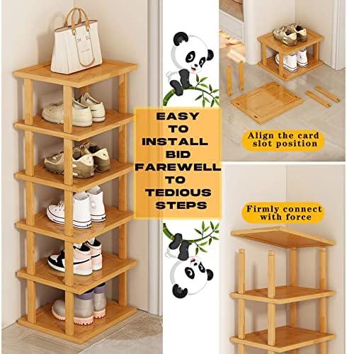 SAN HE Bamboo Shoe Rack 5Tier- Vertical Shoe Rack for Small Spaces, Tall Narrow Shoe Rack Organizer for Closet Entryway Corner Garage and Bedroom,Skinny Shoe Shelf with Free Stackable DIY - Image 6