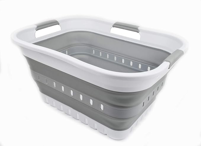 SAMMART 30L (8 gallon) Collapsible 3 Handled Plastic Laundry Basket - Foldable Pop Up Storage Container/Organizer - Space Saving Hamper/Basket (White/Grey) by SAMMART