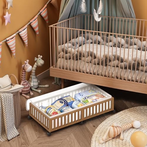 2 Pack Large Bamboo Under Bed Storage Containers with Wheels, Brown | Underbed Drawer Storage with Bag, Wood Rolling Underbed Organizer for Shoes, Sheets Clothes Blanket Comforter, Under Crib Toy - Image 2