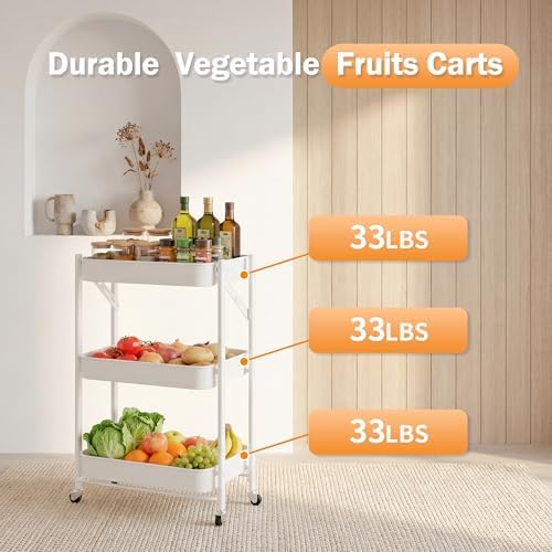 JAQ Foldable Rolling Cart with Wheels, No Assembly Required 3-Tier Small Utility Cart, 26.8" Low Profile Under Desk Storage Cart, 10" Wide Narrow Organizer for Office and Kitchen, White - Image 4