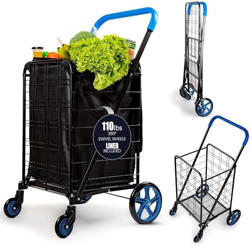 SereneLife Large Folding Utility Shopping Cart with Removable Liner – Heavy Duty, 360° Swivel Wheels, 110 lb Capacity, Portable for Groceries, Laundry, Luggage, and More (Blue) - Image 2