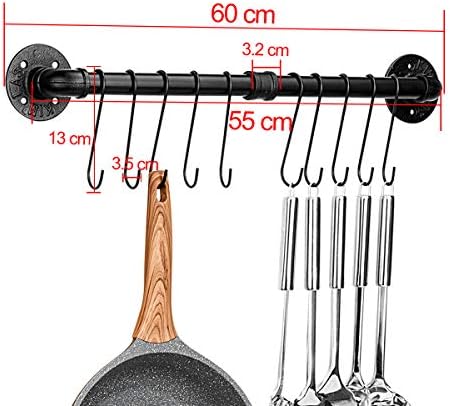 Toplife 23.7 inch Pot Rack, Kitchen Wall Mounted Detachable Pan Lid Utensils Organizer Hanging Rail with 10 Hooks, Black - Image 2