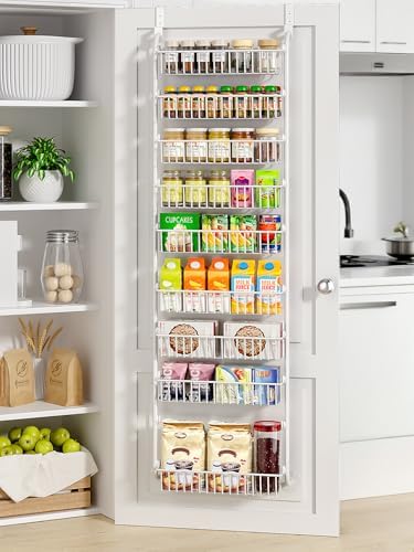 Delamu Over The Door Pantry Organizer, 9-Tier Pantry Door Organizers and Storage with Adjustable Basket, Metal Hanging Spice Rack, Seasoning Organizer, Door Organizer for Home Kitchen Bathroom, White by DELAMU