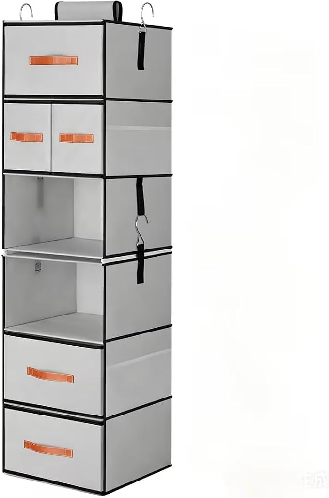 Hanging Closet Organizer 6-Shelf, Upgrade Closet Organizers and Storage with 5 Removable Drawers & 4 Side Pockets, Hanging Shelf Organizer for Bedroom or Garment Rack, 12.6'' x 12.6'' x 44.1'', Gray by LOVSTORAGE