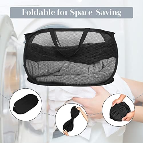Durable Collapsible Laundry Baskets, Mesh Pop Up Laundry Hamper with Side Pocket, Foldable Clothes Hamper with Reinforced Carry Handles for Laundry, Bathroom, Kids Room, Dorm or Travel 2 Pack Black - Image 6