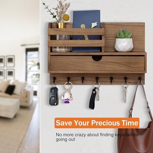 dreampossible Key and Mail Holder for Wall, Mail Organizer Wall Mount with 7 Hooks and Storage Drawer, Wooden Key Rack Hanger with Shelf for Entryway and Home Decor - Image 6