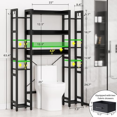 Besiost Over The Toilet Storage, 11 Tier Bathroom Organizer with Dual Side Racks and 2 Fabric Drawers, Adjustable Freestanding Rack Space Saver for Small Spaces, Black - Image 3