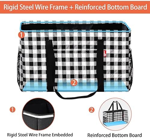 Extra Large Utility Tote Bag, Foldable Reusable Grocery Bags with Metal Wire Frame & Reinforced Bottom Board, Stand up Large Utility Tote for Groceries, Beach Bag, Laundry, Car (Cube Plaid) - Image 4