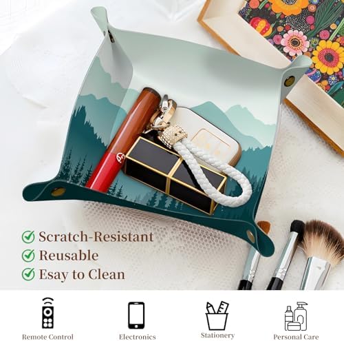 PU Leather Jewelry Valet Tray, Portable Catchall Tray for Keys, Wallet, Watch,Travel Jewelry Tray Organizer for Nightstand Desk Entryway Home Decor Gift for Women Men Green Mountain - Image 2