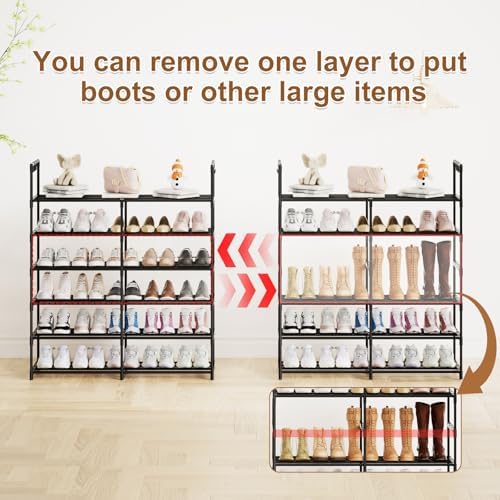 2-Row 6-Tier Stackable Shoe Rack, Black Metal Shoe Shelf with Multifunctional Hooks, Hold 24-30 Pairs, Space Saving Shoes Organizer for Closet,Show Rack - Image 6