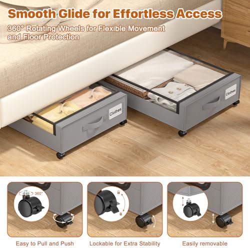 Under Bed Storage with Wheels,XXL 60L Under Bed Storage Containers with Clear Lids, Rolling Under Bed Metal Drawer for Clothes, Shoes,Toys(Gray, 2 Pack) - Image 4