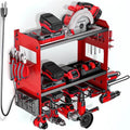 YYR Power Tool Organizer Wall Mount with Charging Station, Cordless Tools Hanger and Battery Storage Rack for Garage Organization, Heavy Duty Drill Holder Shelf Build in Metal Power Strip - Red by YYR