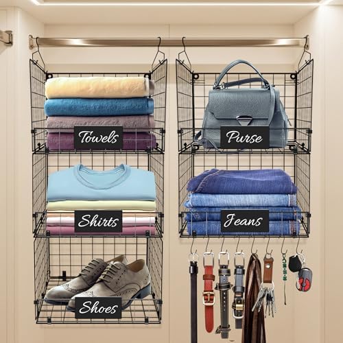 DECOLURE 5-Tier Adjustable Hanging Closet Organizer – Maximize Hanging Storage w/ 4 Hanging Hooks, 8 S Hooks & 5 Name Plates - Sturdy Foldable Wire Storage Hanging Shelves for Clothes, Towels (Black) by DECOLURE