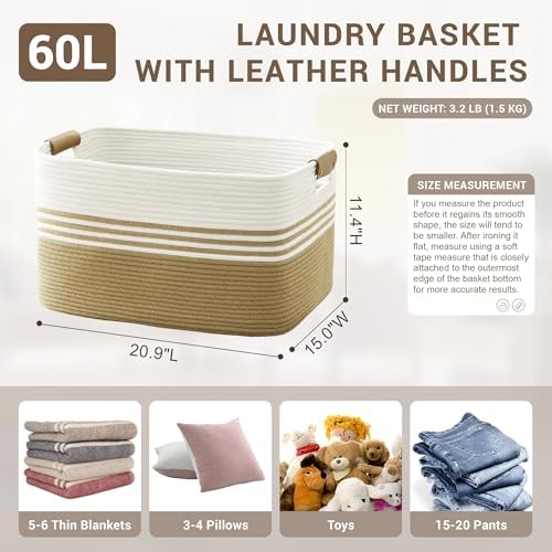 60L Woven Laundry Basket Hamper with Leather Handles,Khaki - Image 2