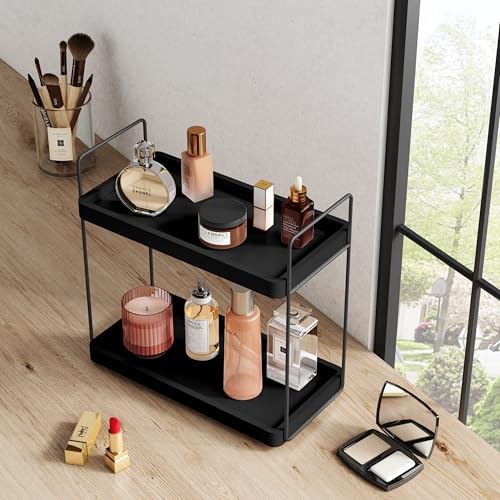 Forbena Black Bathroom Counter Organizer, Tiered Bathroom Organizer Countertop Tray, Corner Makeup Vanity Shelf Organizers and Storage for Men Perfume Skin Care Kitchen Sink Coffee Bar Station - Image 6