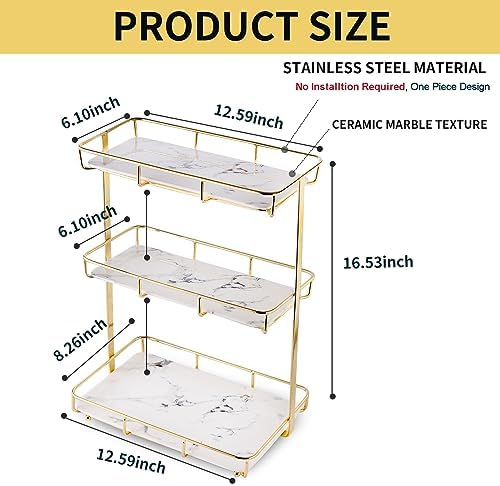 Bathroom Organizer Countertop Perfume Organizer Makeup Organizer Cosmetics Storage Display Rack Vanity Tray Dresser Stainless Steel Gold Shelf White Marble Ceramic Tray - Image 5