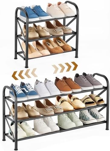 3-Tier Expandable Shoe Rack for Closet，Adjustable Shoe Rack，Black Metal Free Standing Shoe Rack for Entryway Closet Doorway by Atrastout