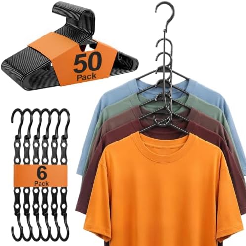 HOUSE DAY Space Saving Hangers 6 Pack with 50 Pack Plastic Hangers, Black | Saving Small Closet Space, No Folding Required, Easy Visibility for Dorm, Apartment Storage, Grouped by Color or Daily Outfit by HOUSEDAY