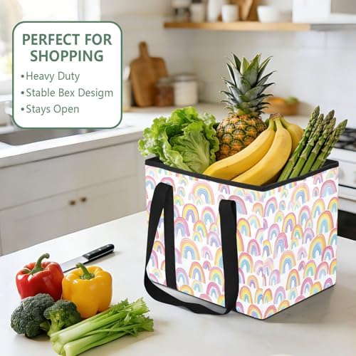 Trunk Organizer Collapsible Car Organizer with Handle Car Storage Box Bin for Groceries SUV Utility Tote Bag Portable Vehicle Container White Rainbow Cloud Playful - Image 5