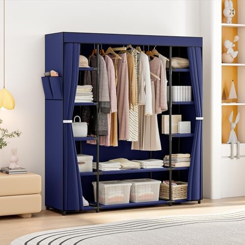 SORCEDAS Portable Closet Wardrobe Organizer Storage with Cover Non-Woben Fabric Portable Wardrobe Closet for Hanging Clothes Racks Shelving 33 Inch for Bedroom, Blue (Blue, 59Inch) - Image 2