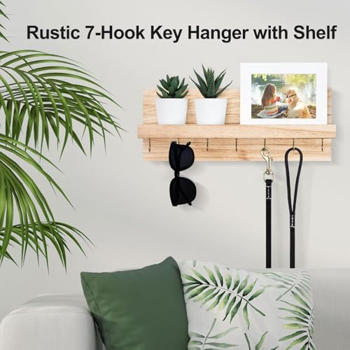 Lwenki Decorative Key Holder for Wall with Shelf, Entryway Shelf with Hooks Holds Leashes, Jackets and Glasses – Sturdy Wood Keyholder Entrance Hanger with Mounting Hardware (Wood, Large) - Image 4