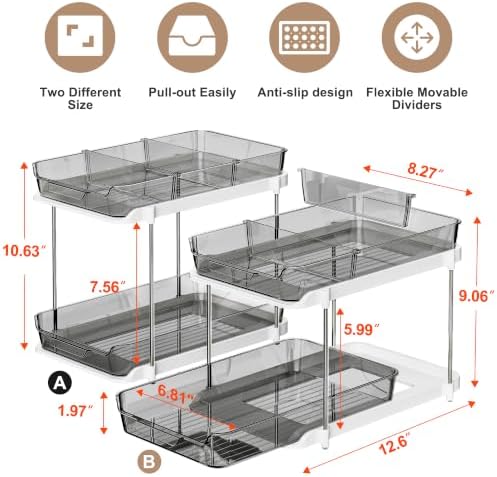 Delamu 2-Tier Multi-Purpose Bathroom Under Sink Organizers and Storage, Stackable Kitchen Pantry Organization, Pull Out Medicine Cabinet Organizer with Movable Dividers, Black, 2 Pack - Image 2